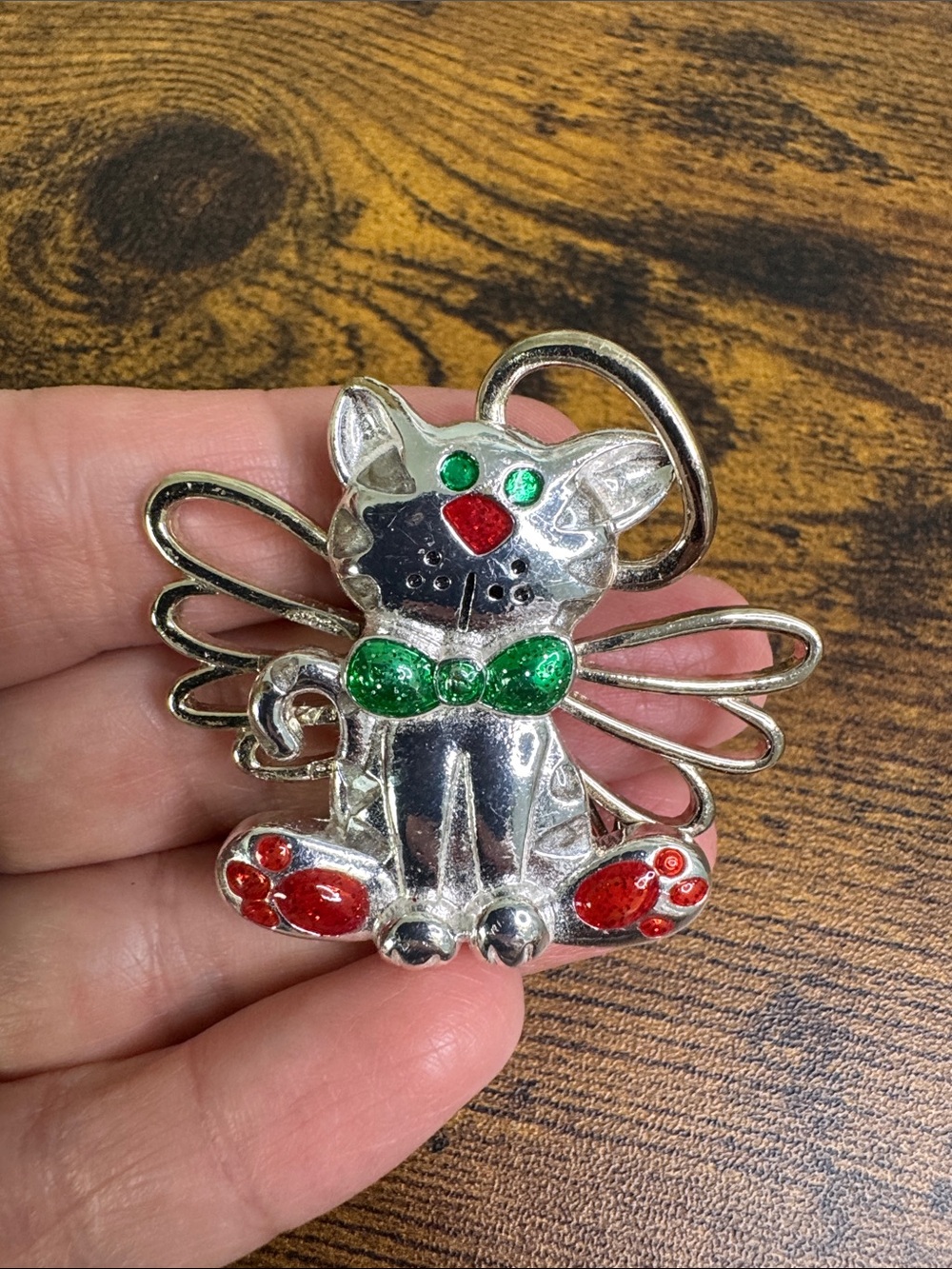 Festive Silver Cat Angel Brooch with Green Bow and Red Accents - Women's Jewelry